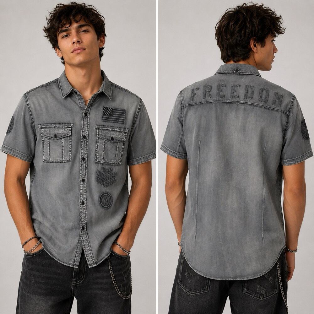 Affliction Black Premium Buckle Mens XL Gray Freedom Military Shirt Short Sleeve